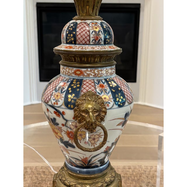19th Century Japanese Arita Porcelain Vase & Gilt Bronze Lion Head Table Lamp For Sale - Image 12 of 16