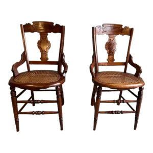 Early 20th Century Pair of Antique Eastlake Walnut Cane Seat Armchairs