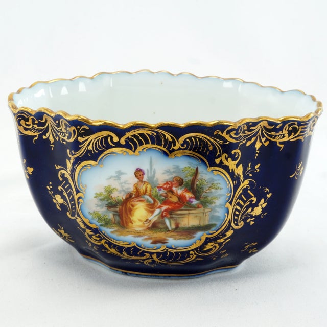 Rococo Antique German Richard Klemm Dresden Cobalt Blue Gold Courting Couple Creamer Sugar Set For Sale - Image 3 of 15