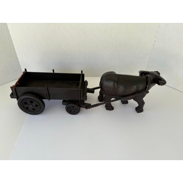 Folk Art Vintage Hand-Carved Water Buffalo With Wooden Wagon Cart – Folk Art Sculpture For Sale - Image 3 of 11