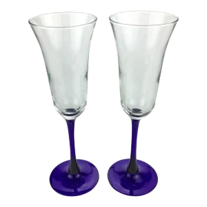 Hand Blown Art-Glass Cobalt Set of Champagne or Wine Glasses