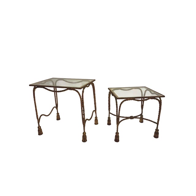 Hollywood Regency 1950s Gilt Hollywood Regency Rope & Tassel Metal and Glass Nesting Tables For Sale - Image 3 of 18
