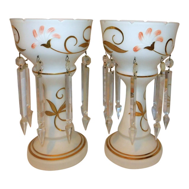 Pair of 1920s Milk Glass Candle Lustres For Sale