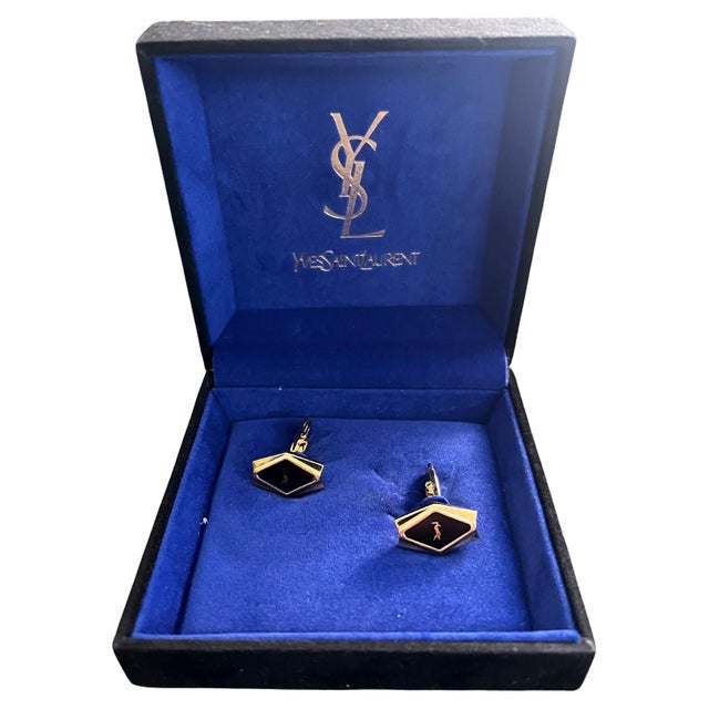 Rare YVES SAINT LAURENT "YSL" Gold Plate Cufflinks In Original Blue Velvet Case For Sale - Image 15 of 18