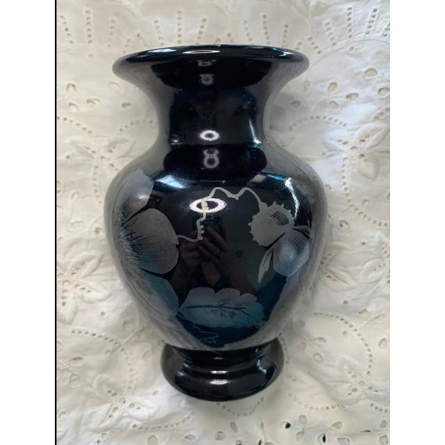 Fenton Art Glass Company Vintage Fenton Glass Urn Shaped Vase Black With Painted Flower Decor Signed For Sale - Image 4 of 6