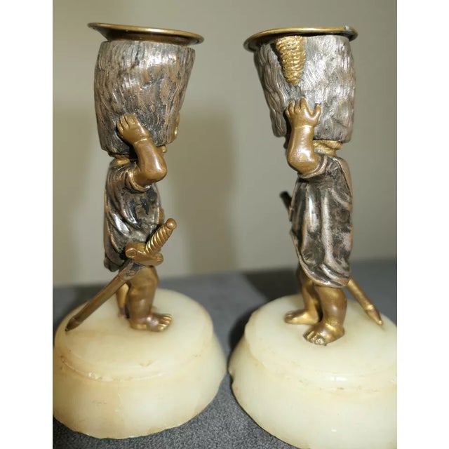 Metal 19thc French Antique Louis XVI Polychromed Bronze Military Cherub Candle Holders a - Pair For Sale - Image 7 of 12