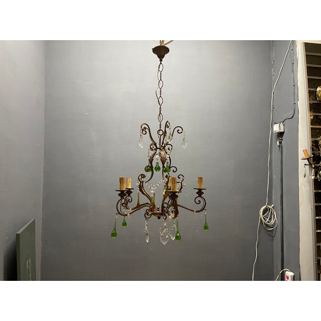 Italian 5-Light Tole Chandelier with Green and Amber Murano Glass Drops, 1950s For Sale - Image 13 of 16