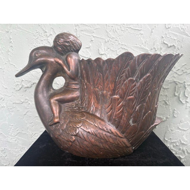 Hollywood Regency Vintage Korean Cast Metal Swan & Cherub Planter Cachepot in Bronze Finish, 1970s For Sale - Image 3 of 11
