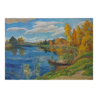 1980s Impressionism River Landscape Painting, Ukrainian Art 70-100 For Sale