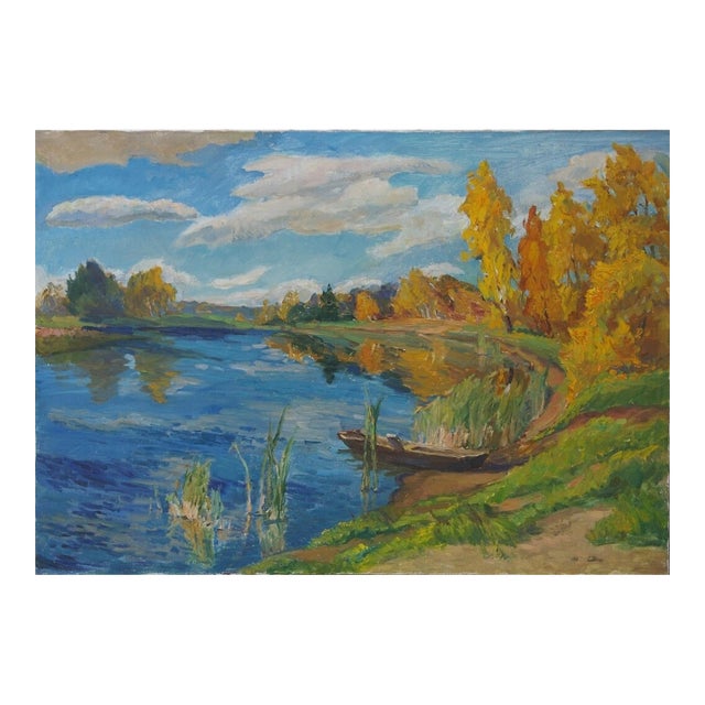 1980s Impressionism River Landscape Painting, Ukrainian Art 70-100 For Sale