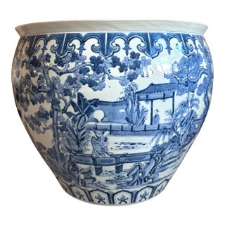 Oversized Blue & White Chinoiserie Cachepot | Grand Scale Planter For Sale