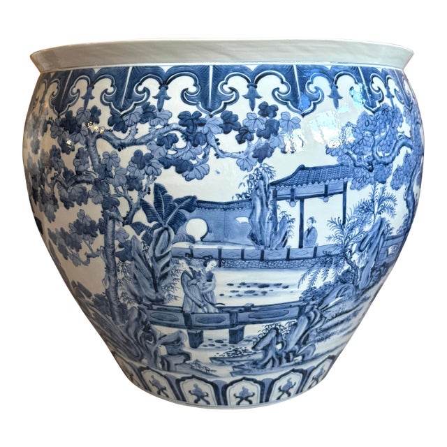 Oversized Blue & White Chinoiserie Cachepot | Grand Scale Planter For Sale