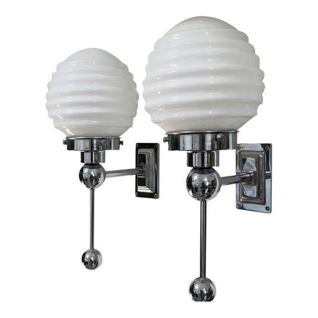 Vintage Art Deco Light Old Lamp Wall Sconces Fixture Nickel Brass & Ribbed Milk Glass Shade Ship Light - Pair For Sale
