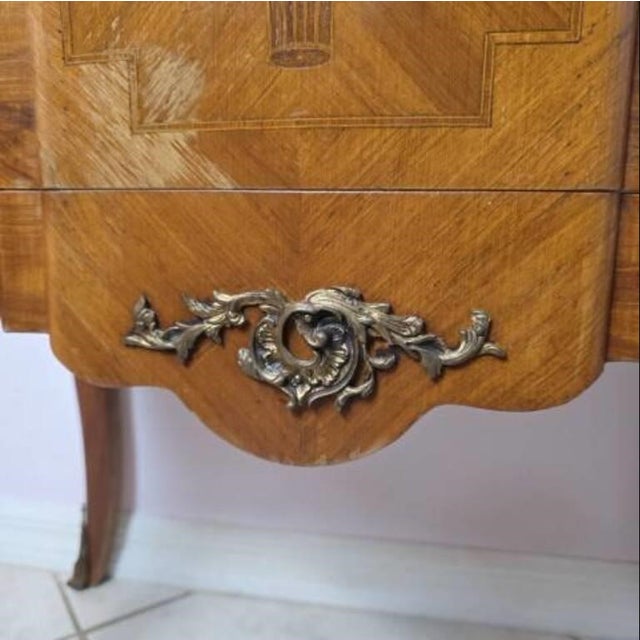 French Vintage Louis XVI Style Wood Inlay Marquetry Cabinet, Commode, or End Table, Marble Top, Brass Fixtures and Trim For Sale - Image 3 of 12