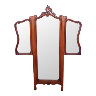 Antique French Tiger Oak Cheval Dressing Mirror Three Panel Beveled Glass 1900s For Sale