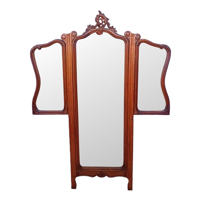 Antique French Tiger Oak Cheval Dressing Mirror Three Panel Beveled Glass 1900s For Sale