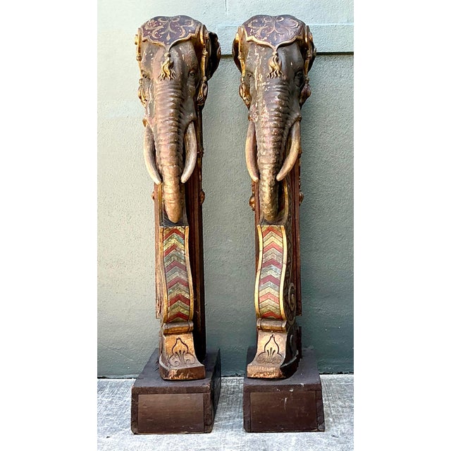 Wood Vintage Boho Polychromed Elephant Statues - A Pair For Sale - Image 7 of 12