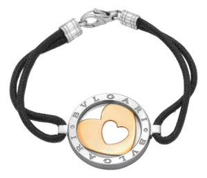 Bvlgari “Tondo” 18k Yellow Gold Stainless Steel Double Heart Cord Bracelet
