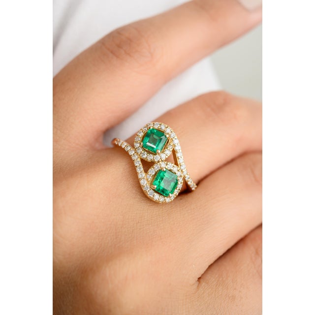 Two Stone Emerald Halo Wedding Ring Gift for Her in 18K Gold featuring natural emerald of 0.96 carats and diamonds of 0.37...