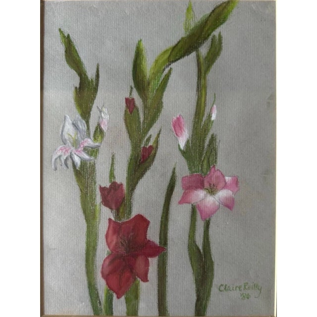 1980s Vintage Framed Botanical Floral Pastel Art, Pair in Gold Gilt Frames For Sale - Image 5 of 11