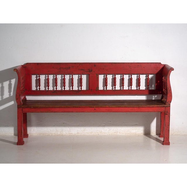 Antique Painted Pine Bench with Turned Back, Central Europe, 1900 For Sale - Image 5 of 11