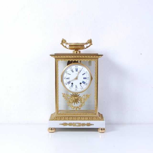 Empire Napoleon III Style Table Clock with White Carrara Marble Base, 1980s For Sale - Image 14 of 14