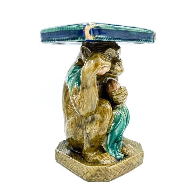 Chinoiserie Vintage Majolica Ceramic Monkey Plant Stand – Blue & Green Glazed Chinoiserie / Hollywood Regency For Sale - Image 3 of 12