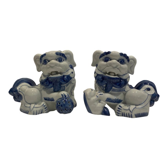 Vintage Blue & White Ceramic Foo Dogs - A Pair For Sale