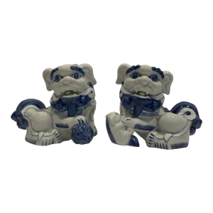 Vintage Blue & White Ceramic Foo Dogs - A Pair