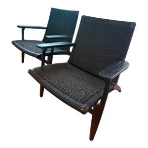 1950s Authentic Hans J. Wegner Ch25 Lounge Chairs for Carl Hansen & Son - Black Oak/Black Paper Cord