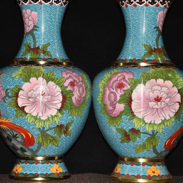 Pair of Vintage Chinese Cloisonné Peony & Phoenix Vases - 38cm Tall For Sale - Image 4 of 9