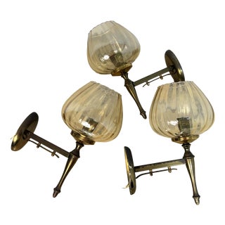 Wall Lamps in Brass and Murano Glass, 1970, Set of 3 For Sale