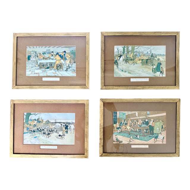 Rare Set of 4 Antique 1900 Cecil Aldin "The Fallowfield Hunt" Prints - Original Wood Backing For Sale