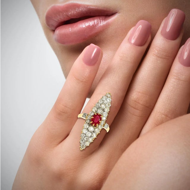 Mid 20th Century Vintage 14K Gold Old Mine Cut Ruby and Diamond Long Vertical Ring, Size 6 For Sale - Image 5 of 6