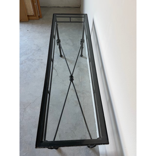 1980’s Vintage Giacometti-Style Iron and Glass Top Console Table For Sale - Image 4 of 12