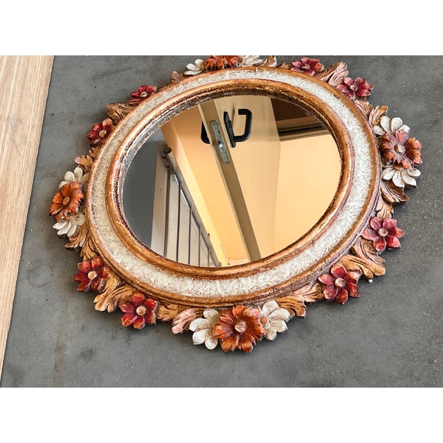Printmaking Materials French Wall Mirror in Polychrome Wood With Flowers in Relief, 1960s For Sale - Image 7 of 7