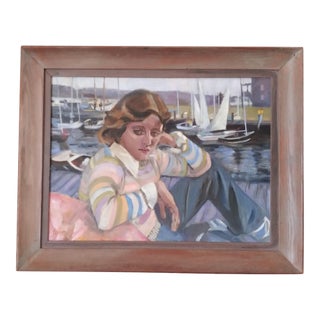 Late 20th Century Polly Fenner Massachusetts Artist Oil Sittin on the Dock of the Bay For Sale