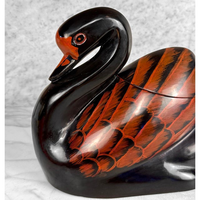 Vintage Chinese Black & Red Lacquer Swan Storage Box Jar For Sale - Image 6 of 11