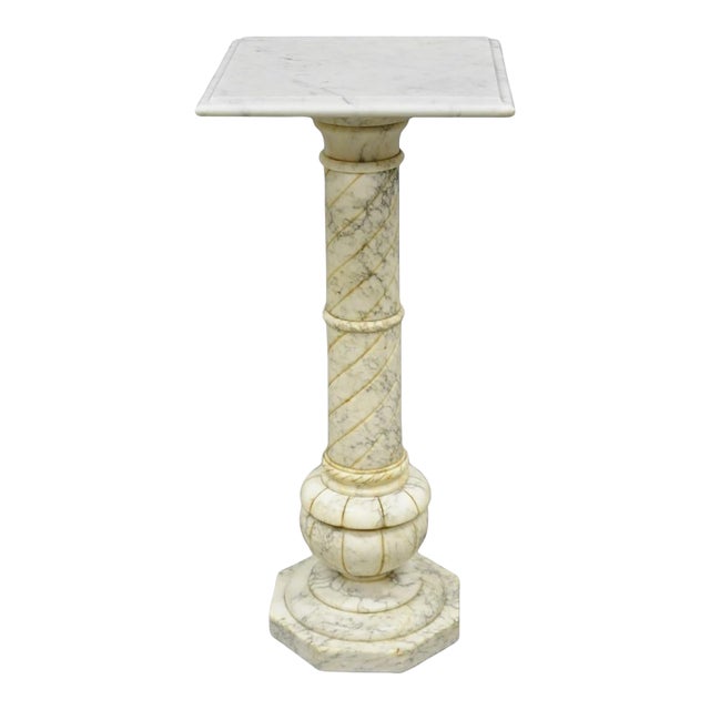Vintage Italian Classical Carved Marble Column Form Square Top Pedestal Stand For Sale
