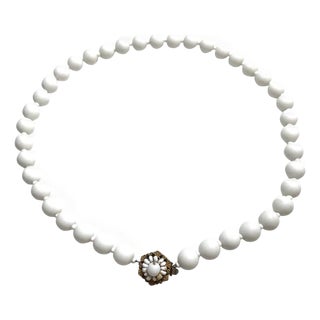 1950s Miriam Haskell Signed White Glass Bead Necklace With Floral Clasp For Sale