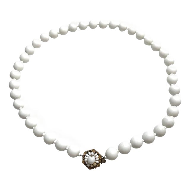 1950s Miriam Haskell Signed White Glass Bead Necklace With Floral Clasp For Sale