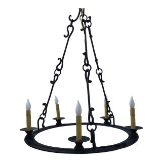 Vintage Spanish Revival Wrought Iron 5 Light Chandelier For Sale