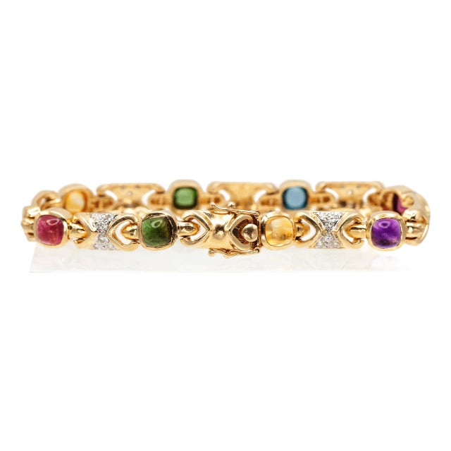 1980s 14k Yellow Gold Multicolor Gemstone and Diamond Link Bracelet For Sale