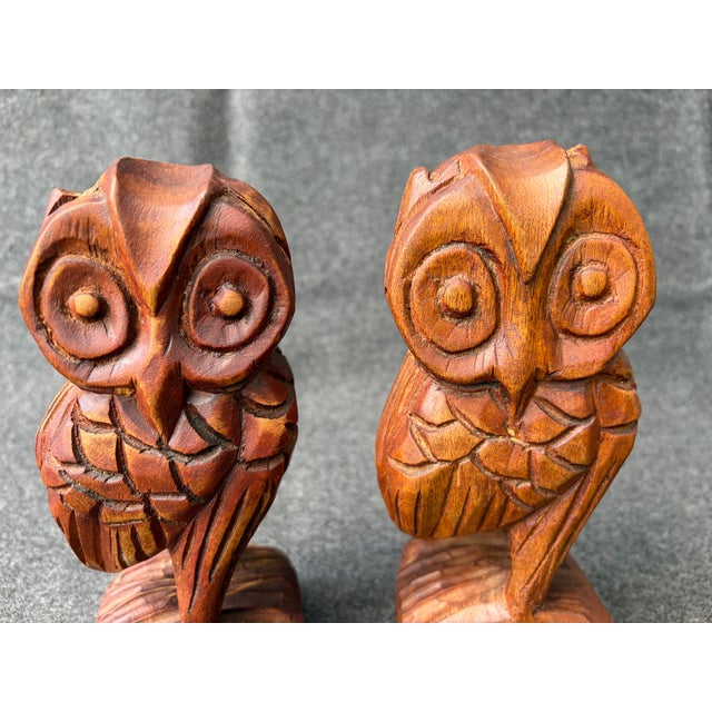 Mid-Century Modern Vintage Carved MC Wooden Owls a Pair For Sale - Image 3 of 13