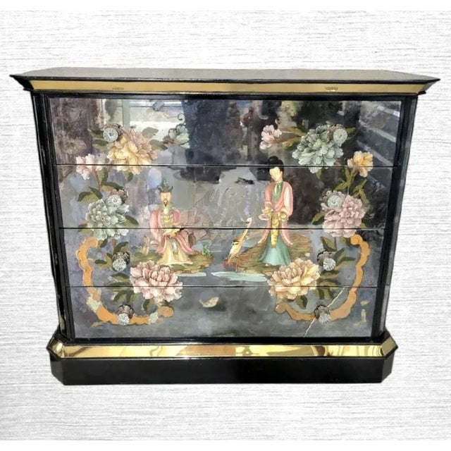 Wood Rare Vintage Oversized Chinoiserie Emperor Verre Eglomise Black Mirrored Brass Painted 4 Drawer Chests Commodes- A Pair For Sale - Image 7 of 18