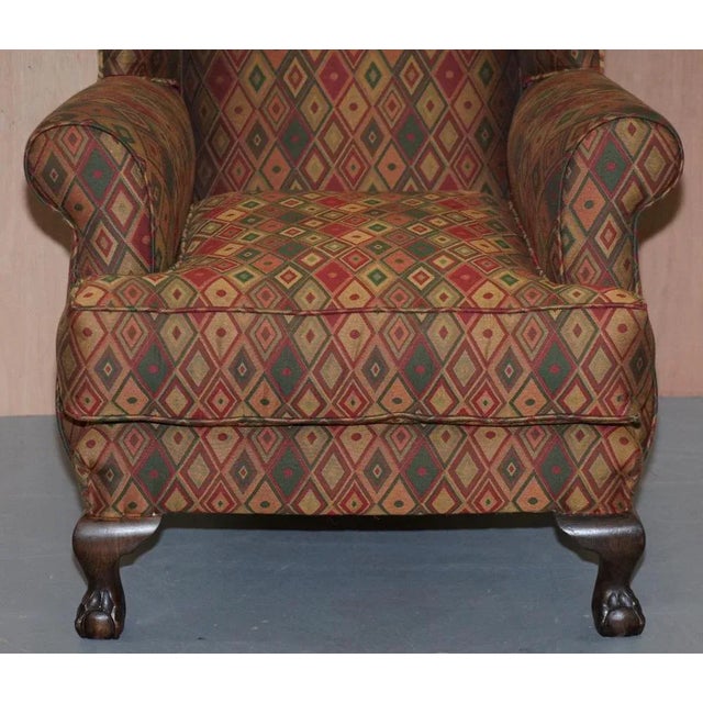 Vintage Wingback Armchair with Claw & Ball Feet and Kilim Style Upholstery For Sale - Image 9 of 18