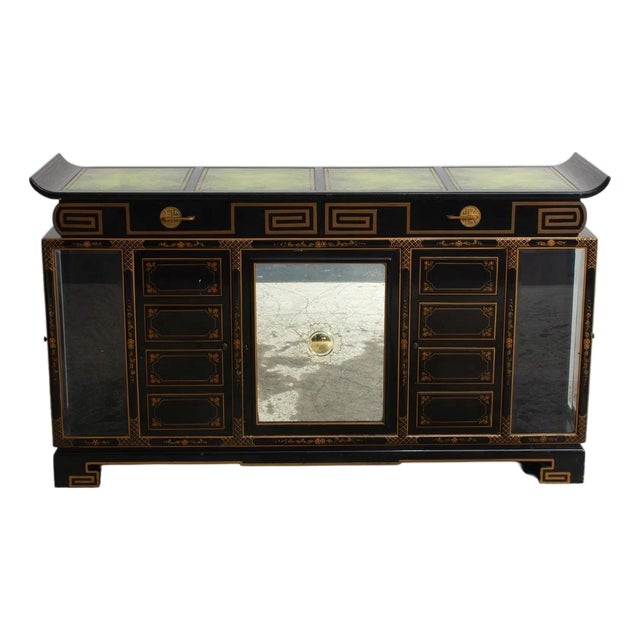 Black Lacquered & Gilt Decorated Details /Green Leather Top Sideboard / Server For Sale