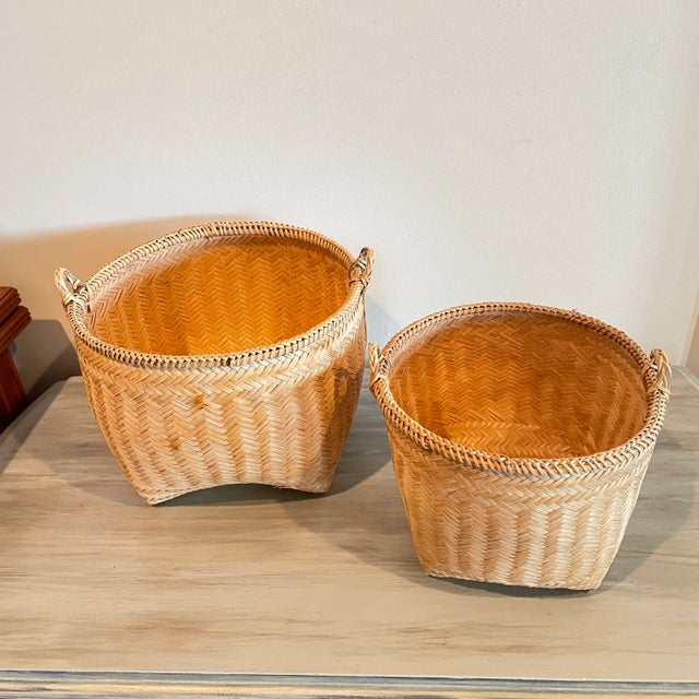 Vintage Texture Weave Bamboo Stacking Baskets 2 For Sale In Nashville - Image 6 of 11