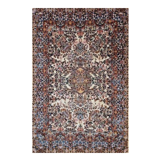 Vintage Persian Kerman Lavar Rug, Hand-Knotted Wool & Silk, Allover Floral Pattern, Ivory & Blue, 4x7 For Sale