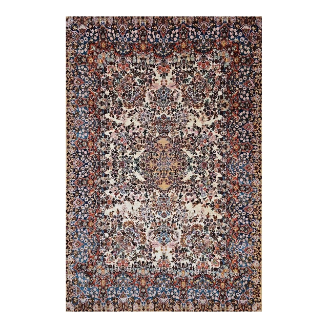 Vintage Persian Kerman Lavar Rug, Hand-Knotted Wool & Silk, Allover Floral Pattern, Ivory & Blue, 4x7 For Sale
